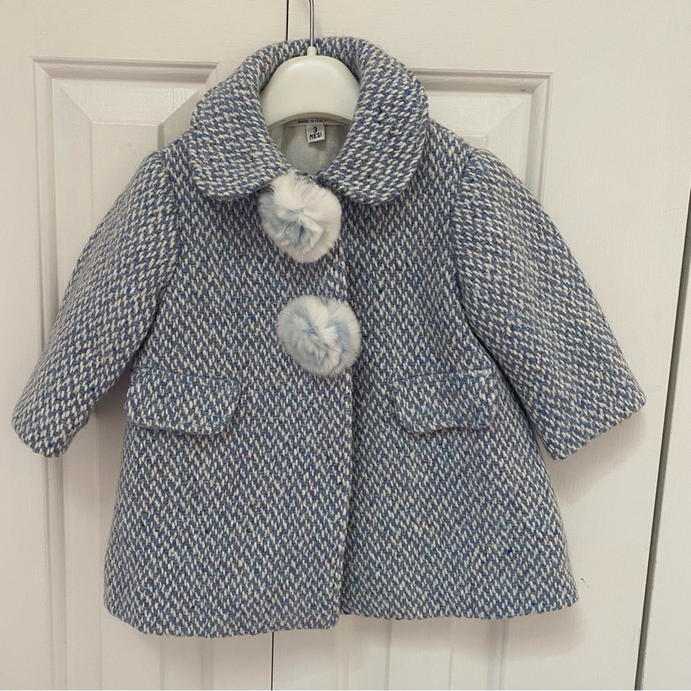 NWT Novelli brand, made in Italy Blue and White Wool Coat with Rabbit fur accent